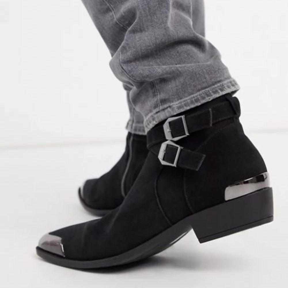 Men's Faux Suede Ankle Boots With Buckle Detail And Cuban Heel
